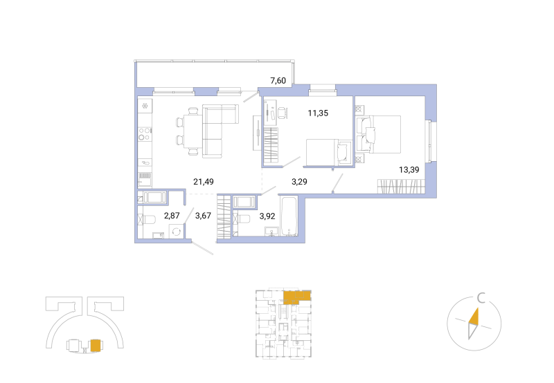 3-комнатная (Евро) квартира, 62.26 м² - планировка, фото №1
