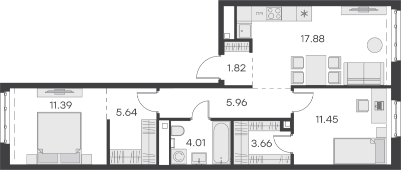 3-комнатная (Евро) квартира, 61.81 м² в ЖК "GloraX Балтийская" - планировка, фото №1
