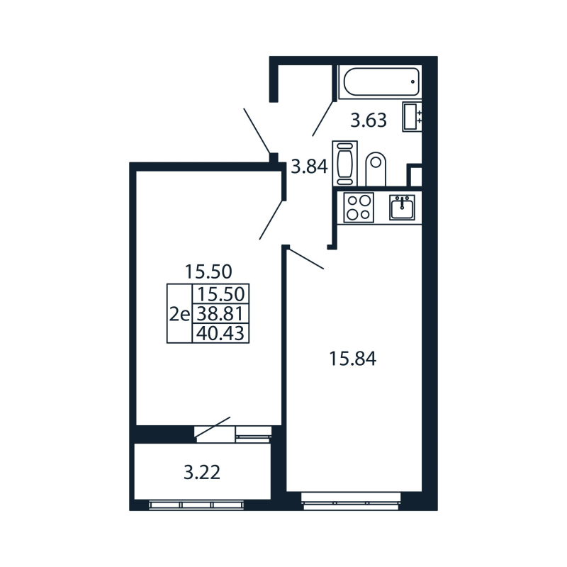 2-комнатная (Евро) квартира, 38.81 м² в ЖК "Полис Приморский 2" - планировка, фото №1