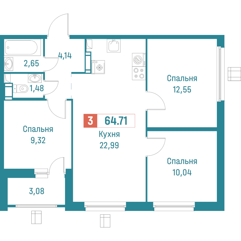 4-комнатная (Евро) квартира, 64.71 м² - планировка, фото №1