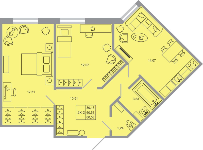 2-комнатная квартира, 60.53 м² - планировка, фото №1