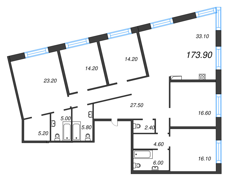 6 ккв (Евро), 173.9 м² в ЖК "ЛДМ" - планировка, фото №1