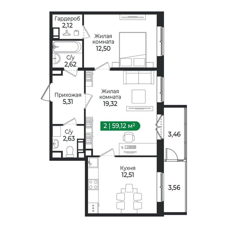 2-комнатная квартира, 59.12 м² в ЖК "Сертолово Парк" - планировка, фото №1