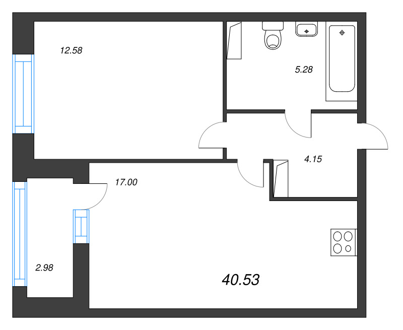 2-комнатная (Евро) квартира, 40.53 м² в ЖК "Аквилон Leaves" - планировка, фото №1