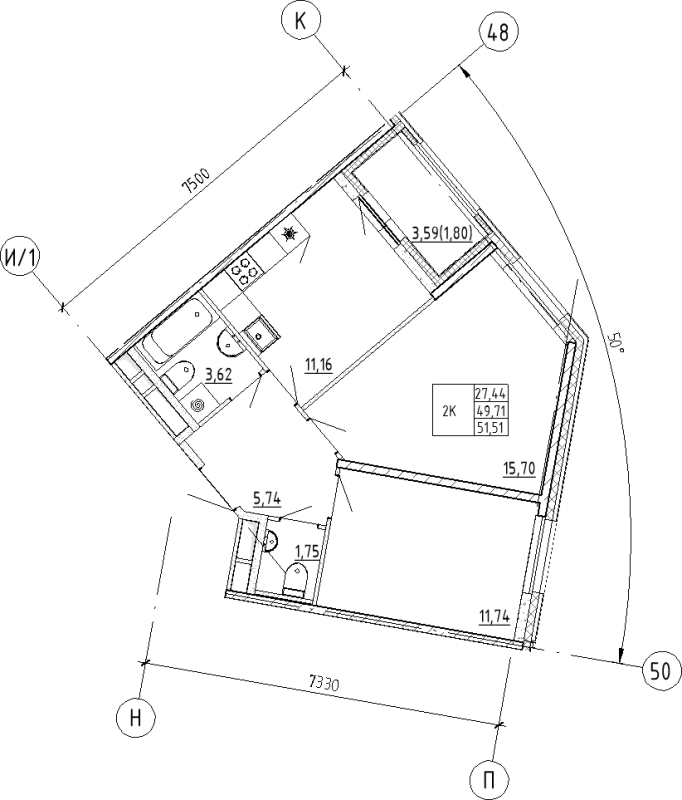 2-комнатная квартира, 51.51 м² - планировка, фото №1