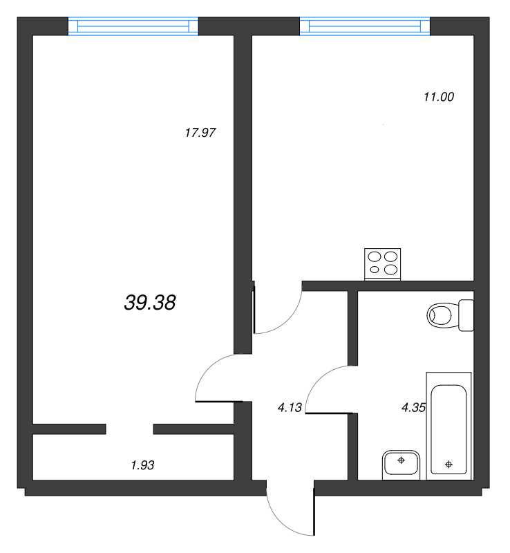 1-комнатная квартира, 38.8 м² - планировка, фото №1