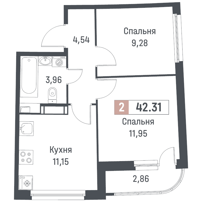 2-комнатная квартира, 42.31 м² - планировка, фото №1