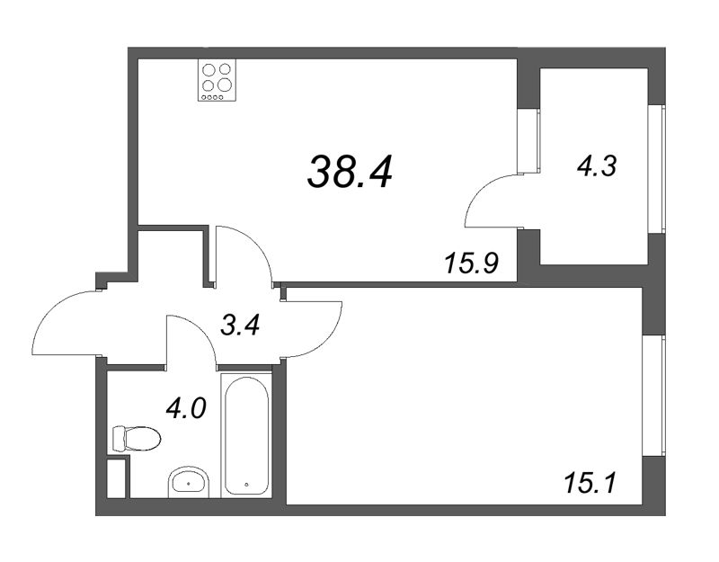 2-комнатная (Евро) квартира, 38.4 м² - планировка, фото №1