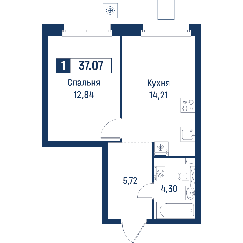 1-комнатная квартира, 37.07 м² в ЖК "Символист" - планировка, фото №1