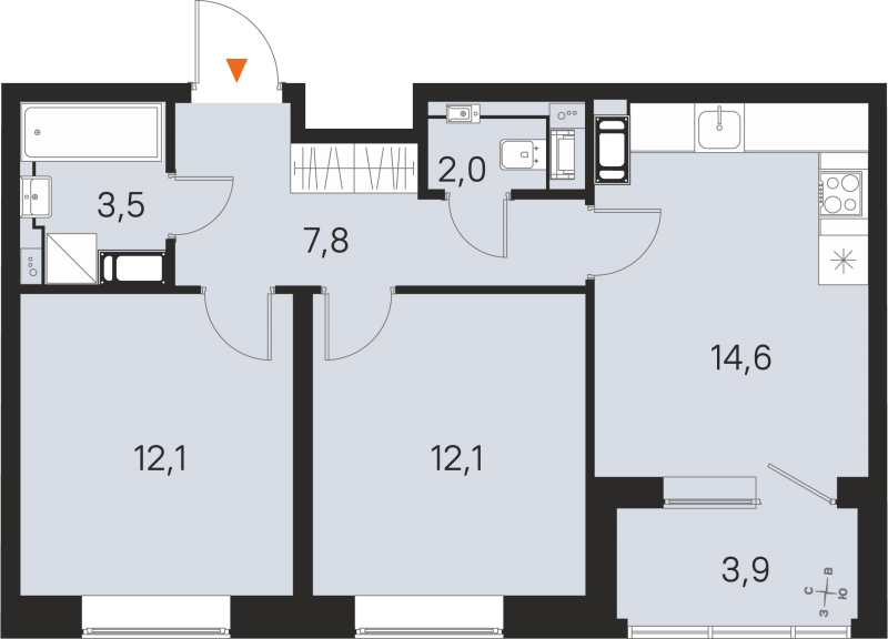 2-комнатная квартира, 52.1 м² в ЖК "М36" - планировка, фото №1