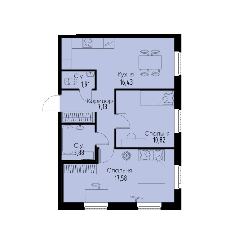 2-комнатная квартира, 57.75 м² - планировка, фото №1