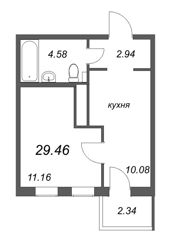 1-комнатная квартира, 29.46 м² - планировка, фото №1