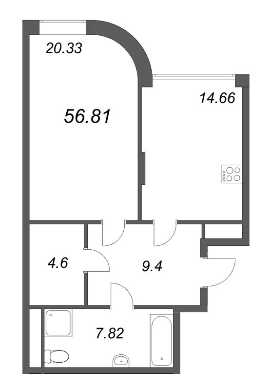 2-комнатная (Евро) квартира, 56.81 м² - планировка, фото №1