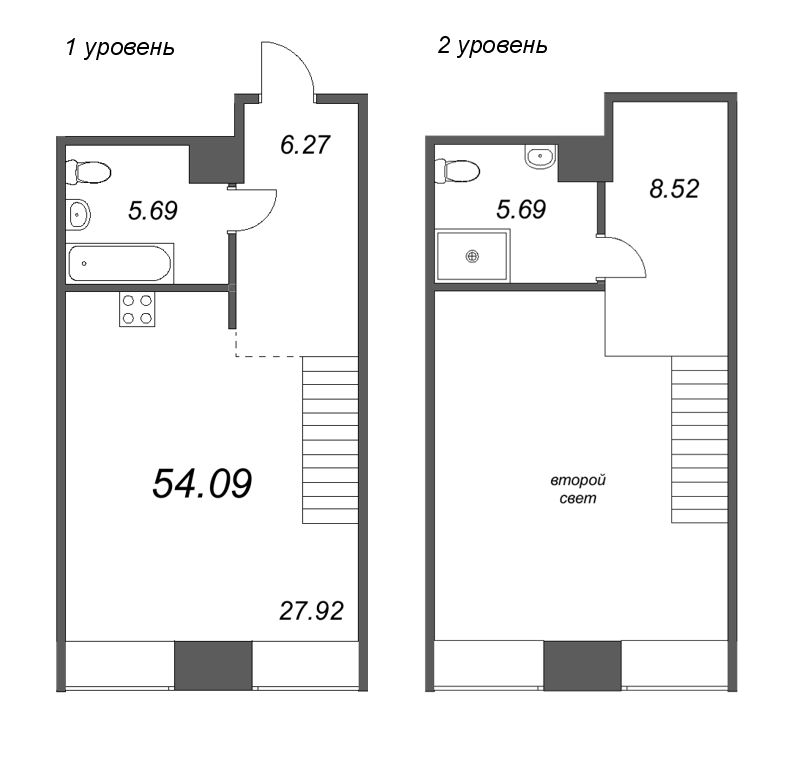 2-комнатная (Евро) квартира, 54.86 м² в ЖК "Avant" - планировка, фото №1