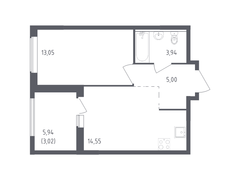 1-комнатная квартира, 39.56 м² - планировка, фото №1