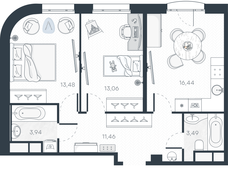 3-комнатная (Евро) квартира, 62.41 м² в ЖК "MONODOM-ART" - планировка, фото №1