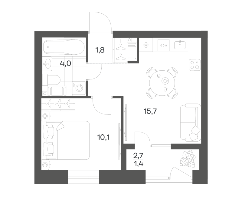 2-комнатная (Евро) квартира, 32.9 м² в ЖК "Новый Питер" - планировка, фото №1