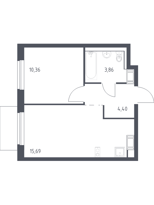 2-комнатная (Евро) квартира, 34.31 м² в ЖК "Квартал Торики" - планировка, фото №1