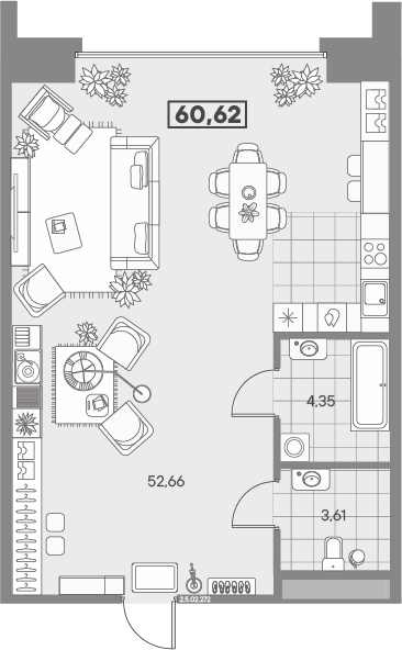 1-комнатная квартира, 60.62 м² в ЖК "Avant" - планировка, фото №1
