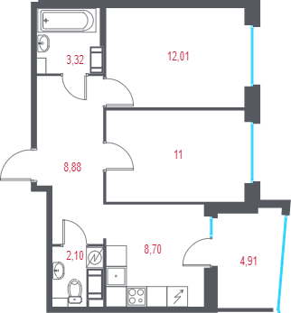2-комнатная квартира, 48.47 м² в ЖК "Город-спутник Южный" - планировка, фото №1