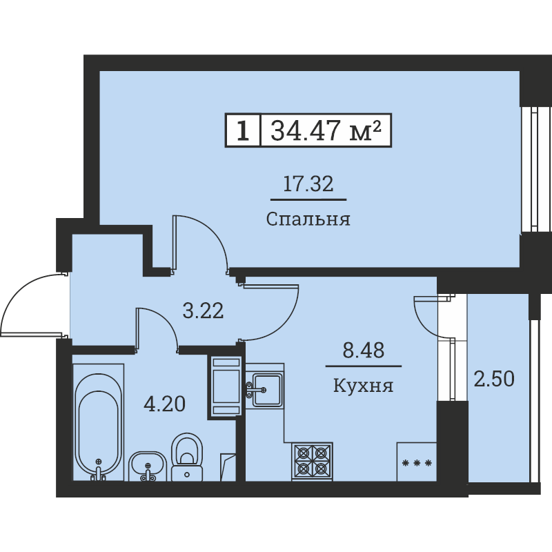 1-комнатная квартира, 34.47 м² - планировка, фото №1