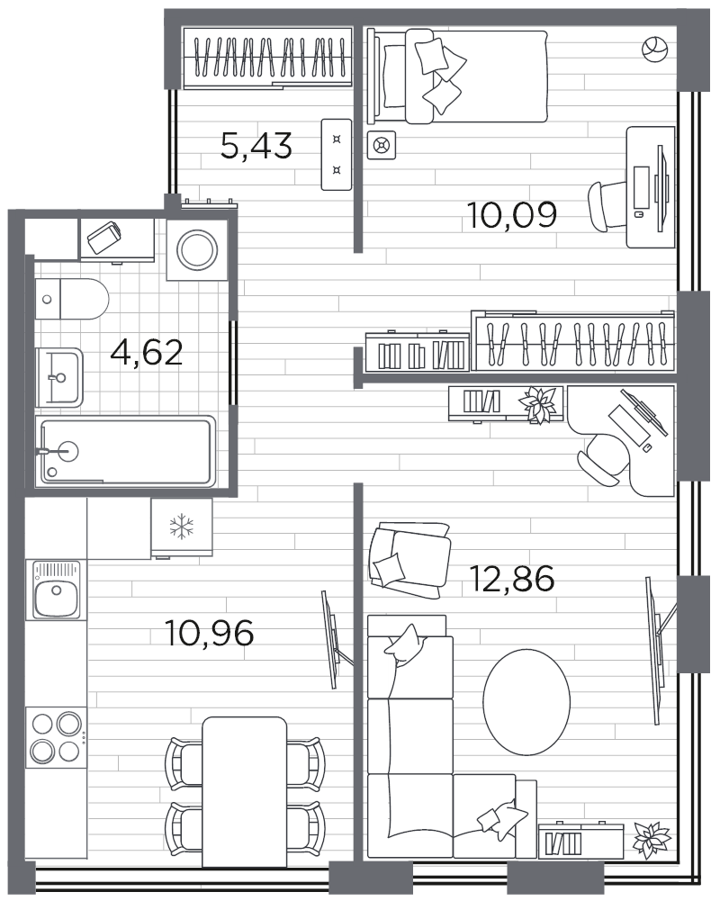 2-комнатная квартира, 43.96 м² в ЖК "PLUS Пулковский" - планировка, фото №1