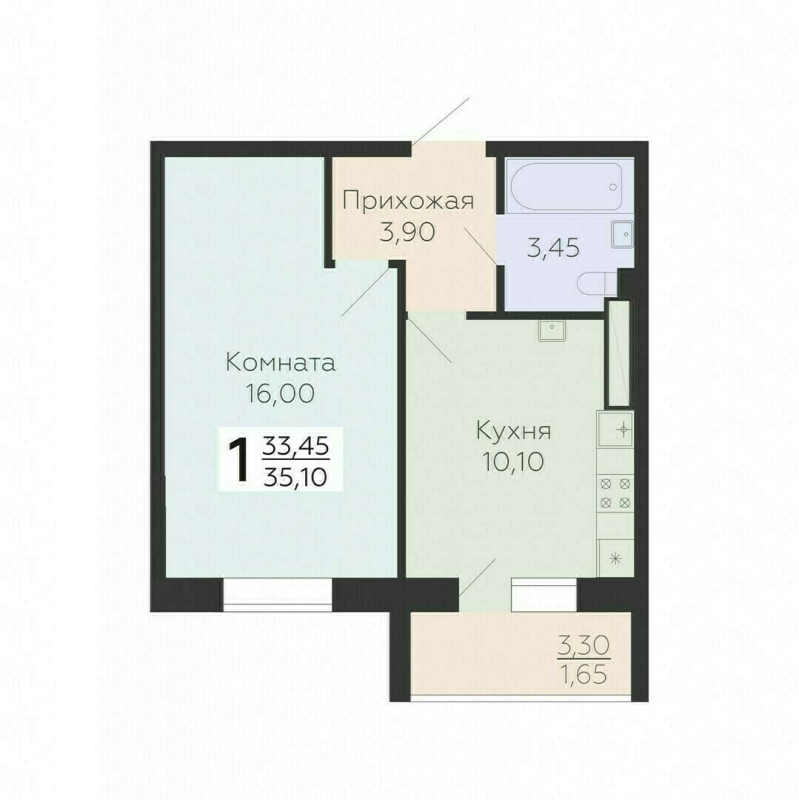 1-комнатная квартира, 35.1 м² в ЖК "Ленский" - планировка, фото №1
