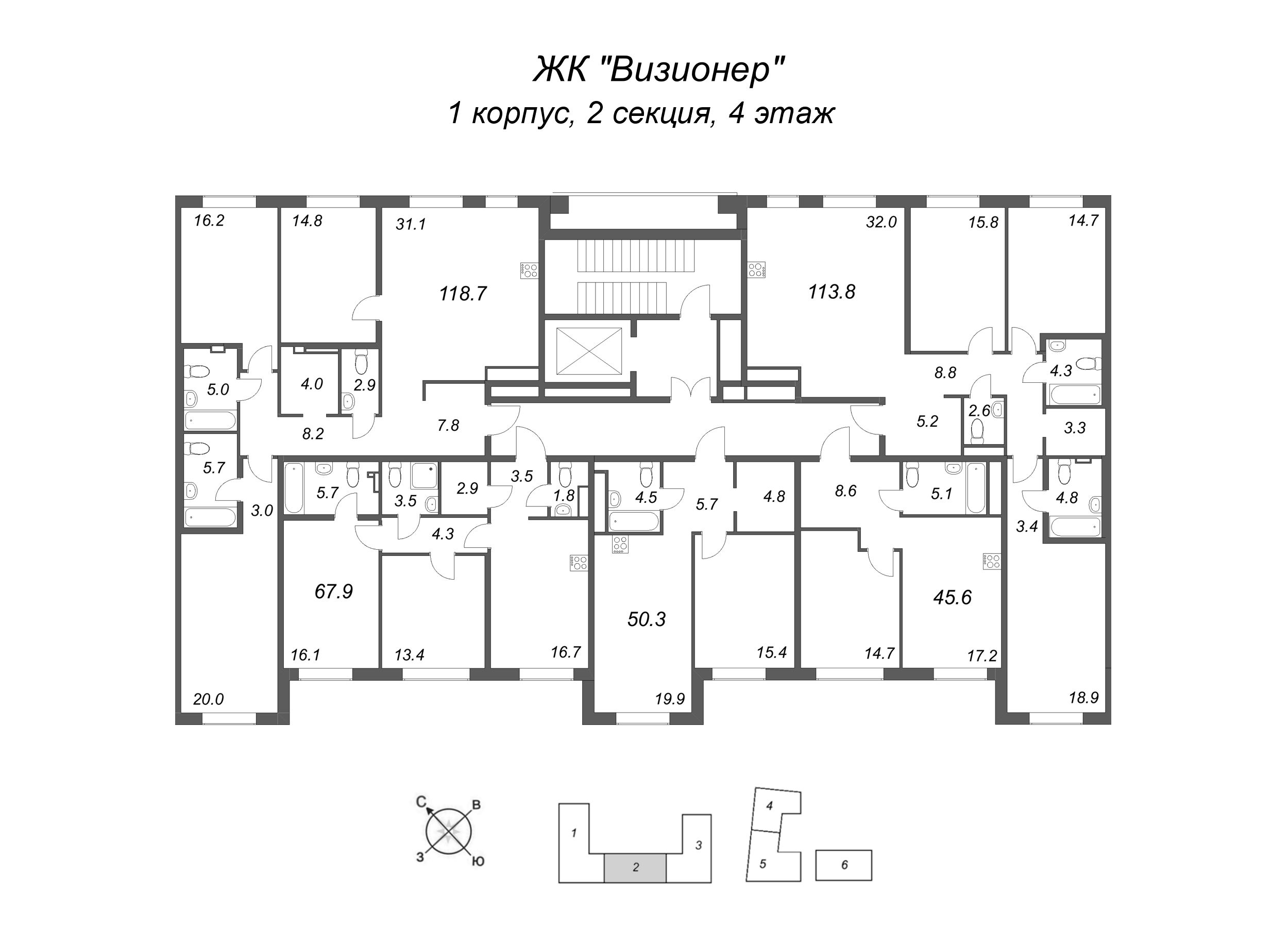 2-комнатная (Евро) квартира, 50.3 м² в ЖК "Визионер" - планировка этажа