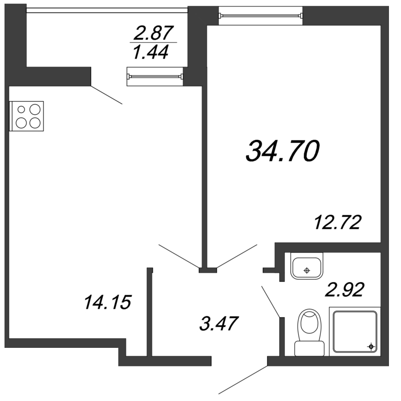 2-комнатная (Евро) квартира, 34.7 м² - планировка, фото №1