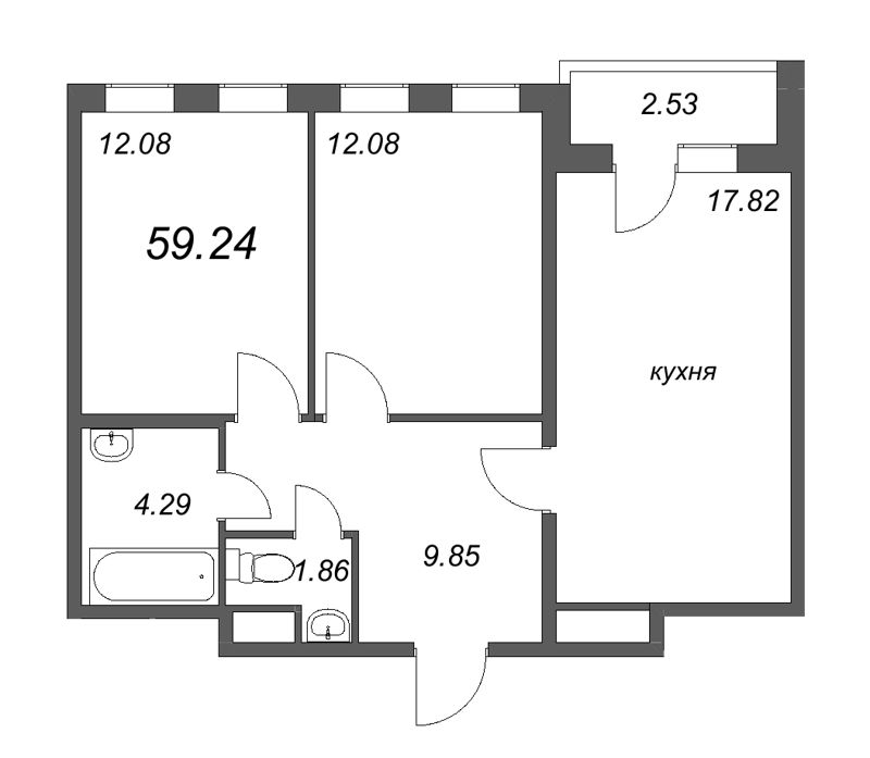 3-комнатная (Евро) квартира, 59.24 м² - планировка, фото №1