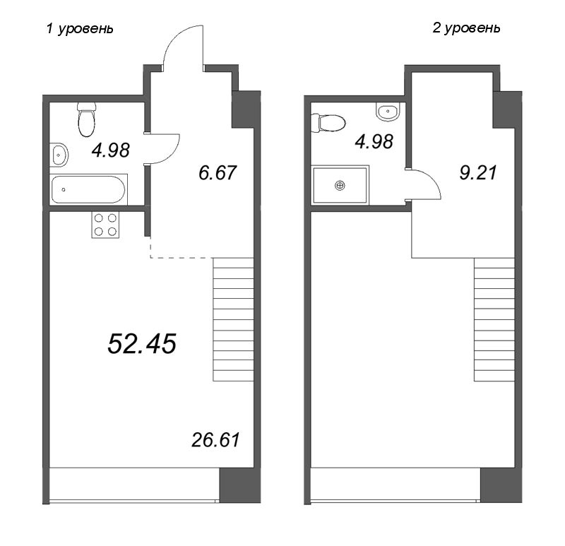 2-комнатная (Евро) квартира, 52.45 м² - планировка, фото №1