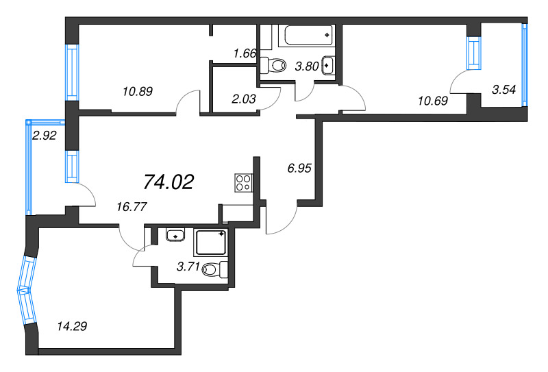 4-комнатная (Евро) квартира, 74.02 м² - планировка, фото №1