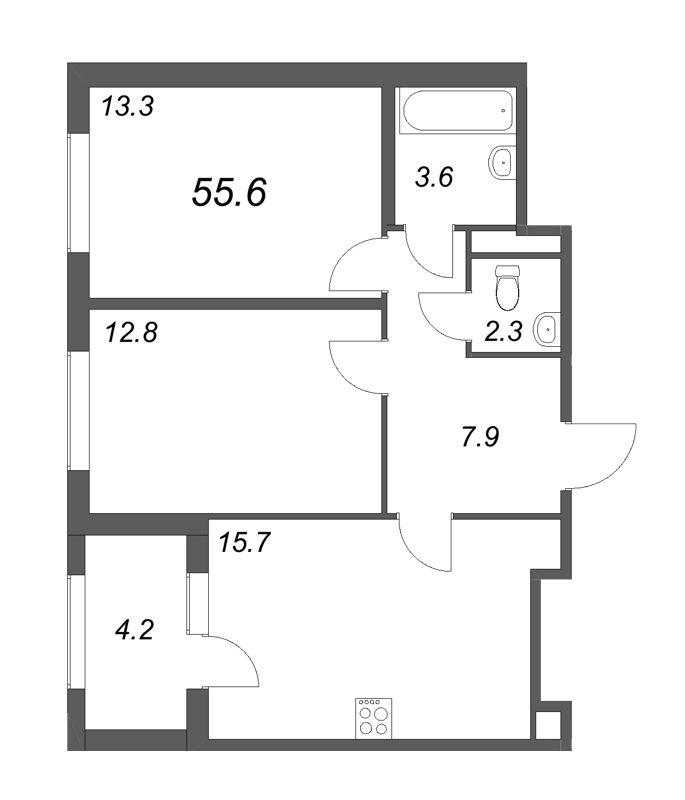 3-комнатная (Евро) квартира, 55.6 м² в ЖК "ЮгТаун" - планировка, фото №1