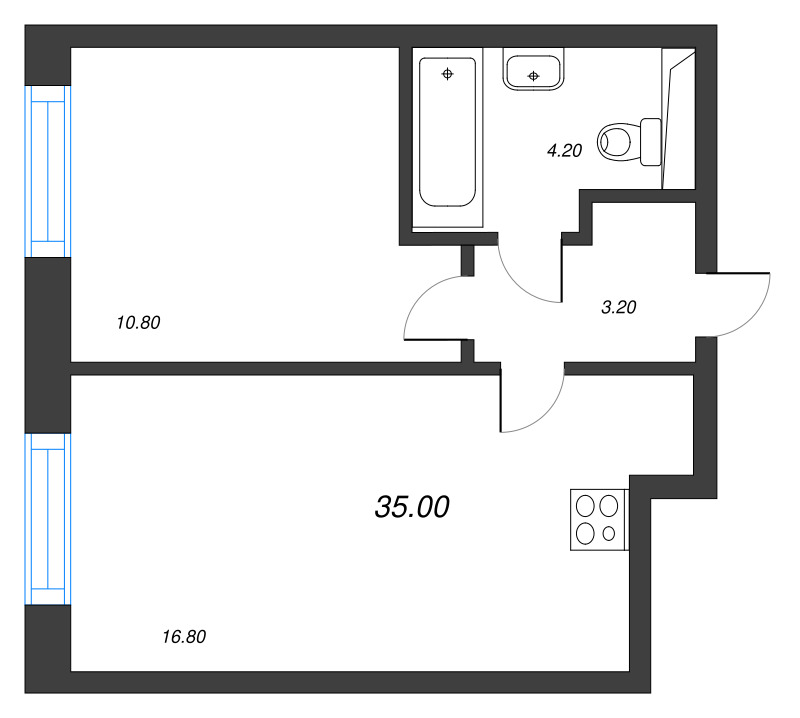 2-комнатная (Евро) квартира, 35 м² в ЖК "Большая Охта" - планировка, фото №1