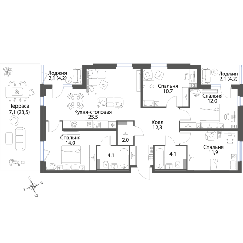 5-комнатная (Евро) квартира, 107.9 м² в ЖК "Экография" - планировка, фото №1