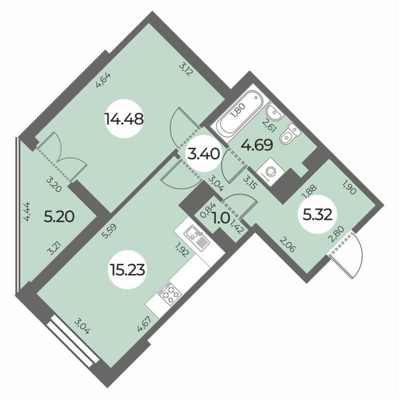 2-комнатная (Евро) квартира, 46.72 м² - планировка, фото №1