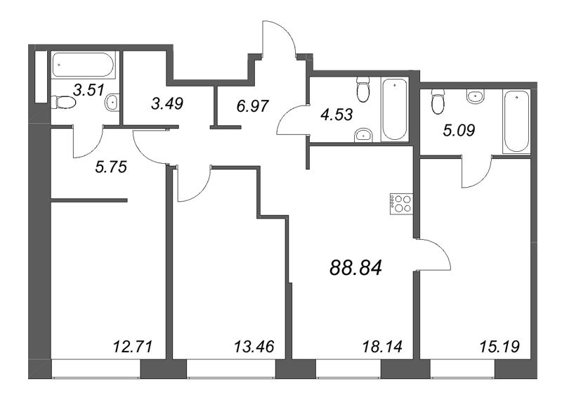 4-комнатная (Евро) квартира, 88.84 м² в ЖК "Avant" - планировка, фото №1