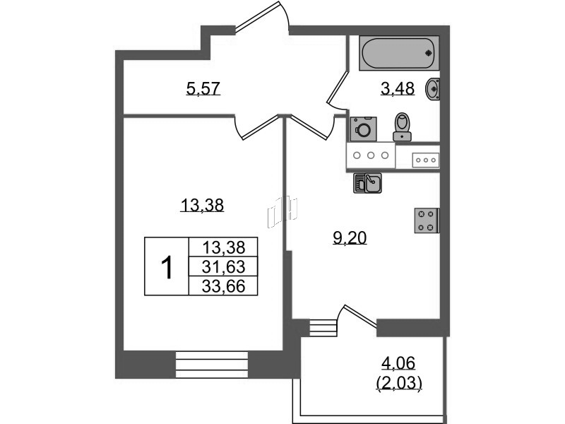 1-комнатная квартира, 33.66 м² - планировка, фото №1