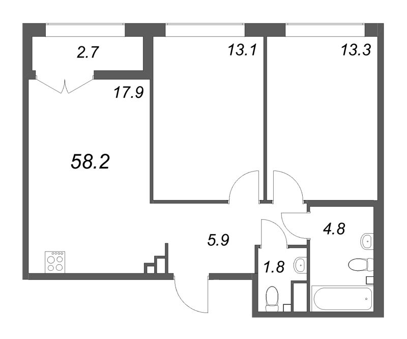 3-комнатная (Евро) квартира, 58.2 м² в ЖК "Кронунг ЮГ" - планировка, фото №1