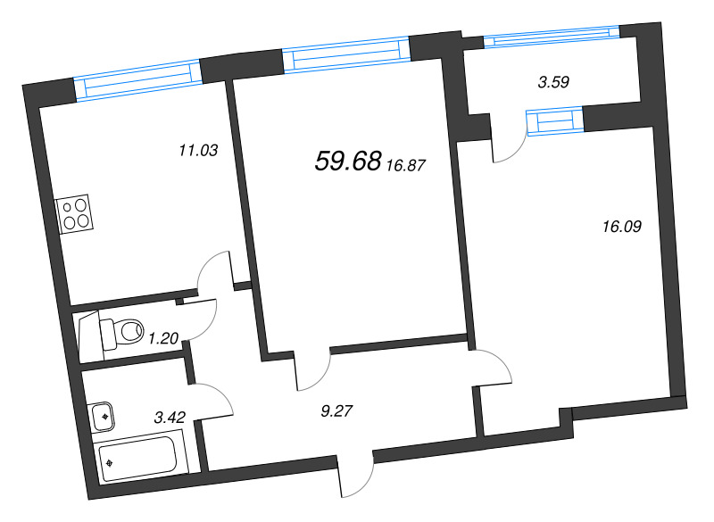 2-комнатная квартира, 59.68 м² в ЖК "Аквилон Riva" - планировка, фото №1