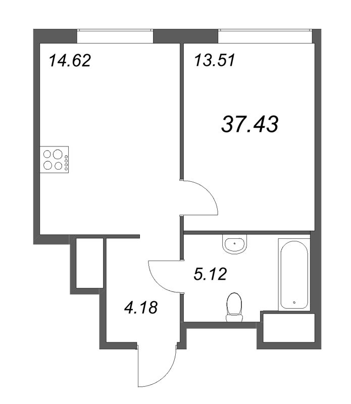 1-комнатная квартира, 37.43 м² - планировка, фото №1