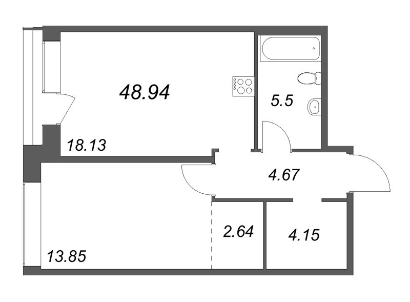 2-комнатная (Евро) квартира, 48.94 м² в ЖК "Avant" - планировка, фото №1