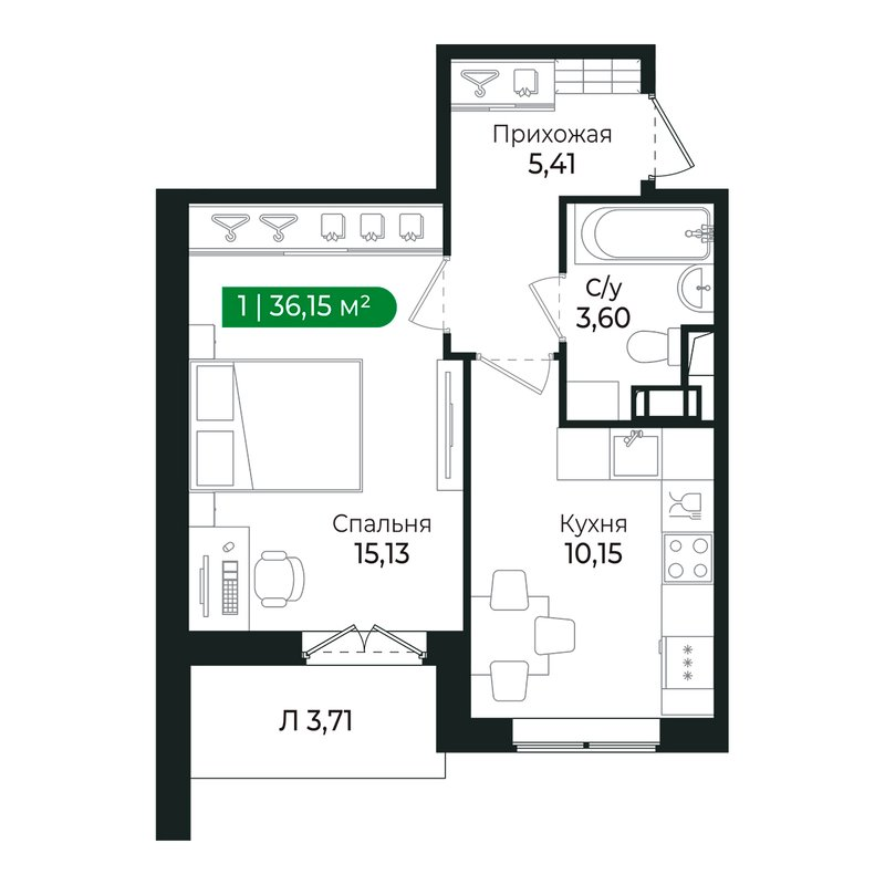 1-комнатная квартира, 34 м² в ЖК "Сертолово Парк" - планировка, фото №1