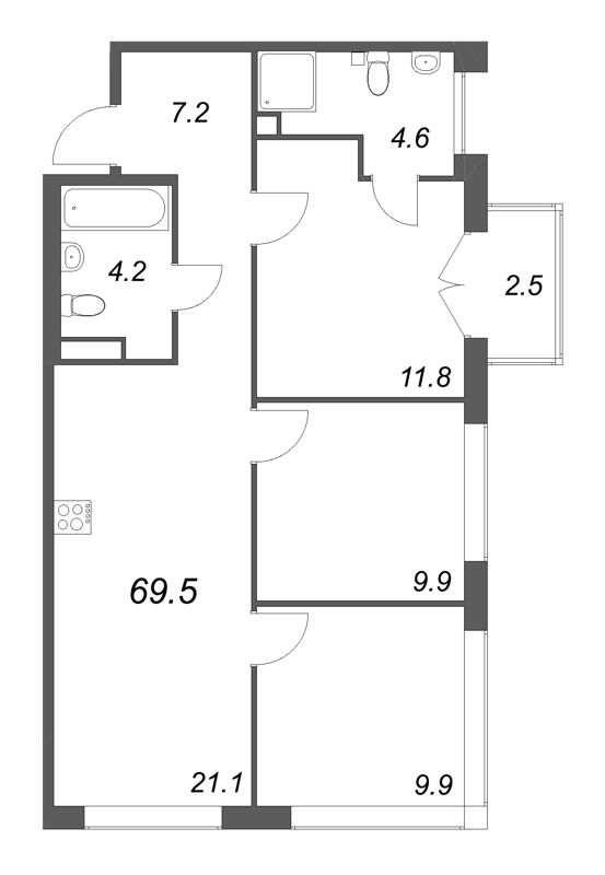 4-комнатная (Евро) квартира, 69.5 м² - планировка, фото №1