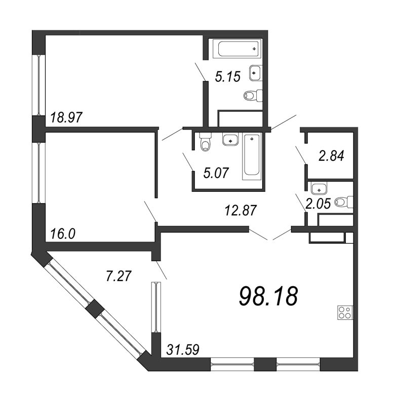 3-комнатная (Евро) квартира, 98.18 м² - планировка, фото №1