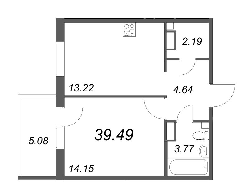 1-комнатная квартира, 40.02 м² - планировка, фото №1