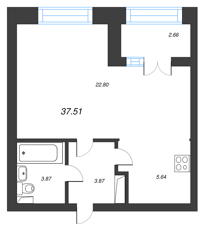 1-комнатная квартира, 37.51 м² в ЖК "Наука" - планировка, фото №1