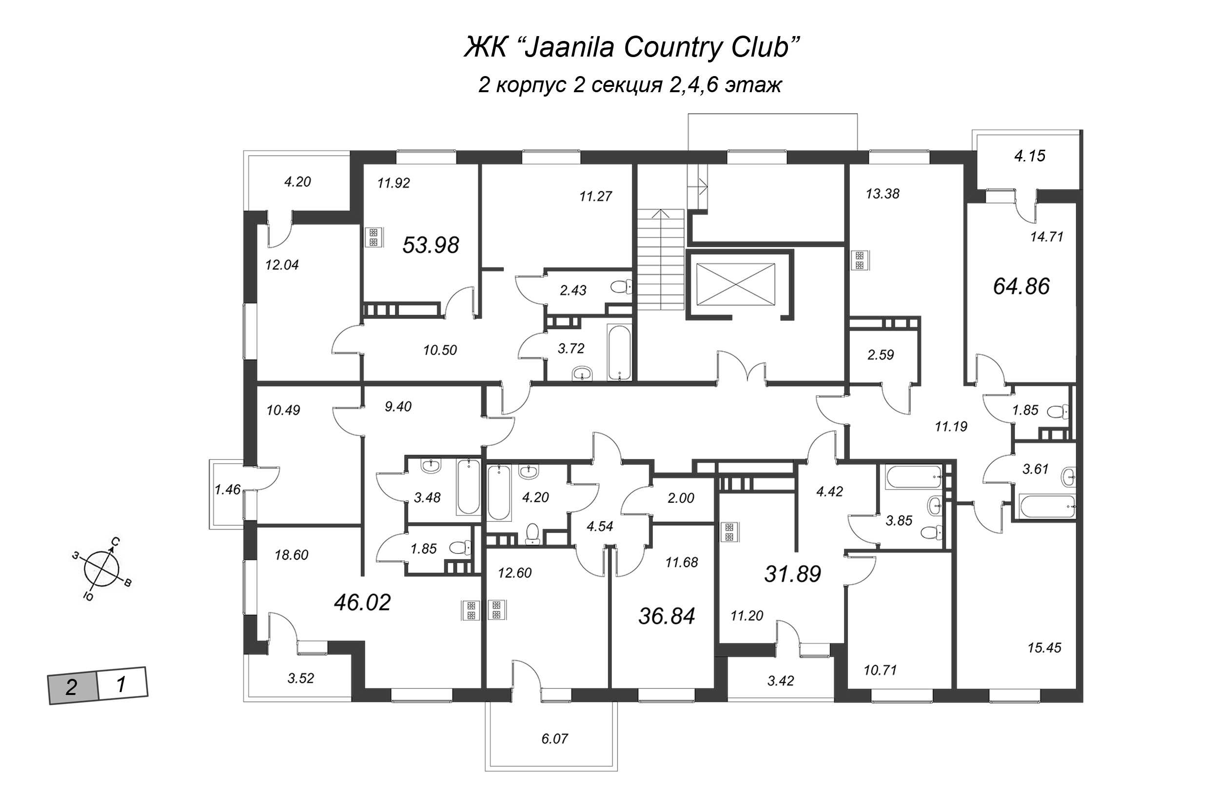 2-комнатная квартира, 62.78 м² в ЖК "Jaanila Country Club" - планировка этажа