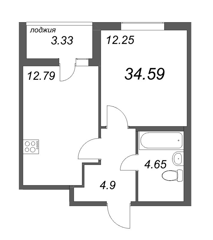 1-комнатная квартира, 34.59 м² - планировка, фото №1