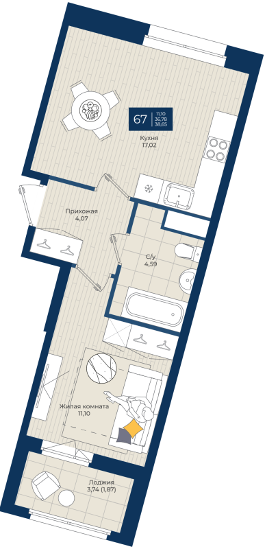 2-комнатная (Евро) квартира, 38.65 м² в ЖК "Новатория" - планировка, фото №1